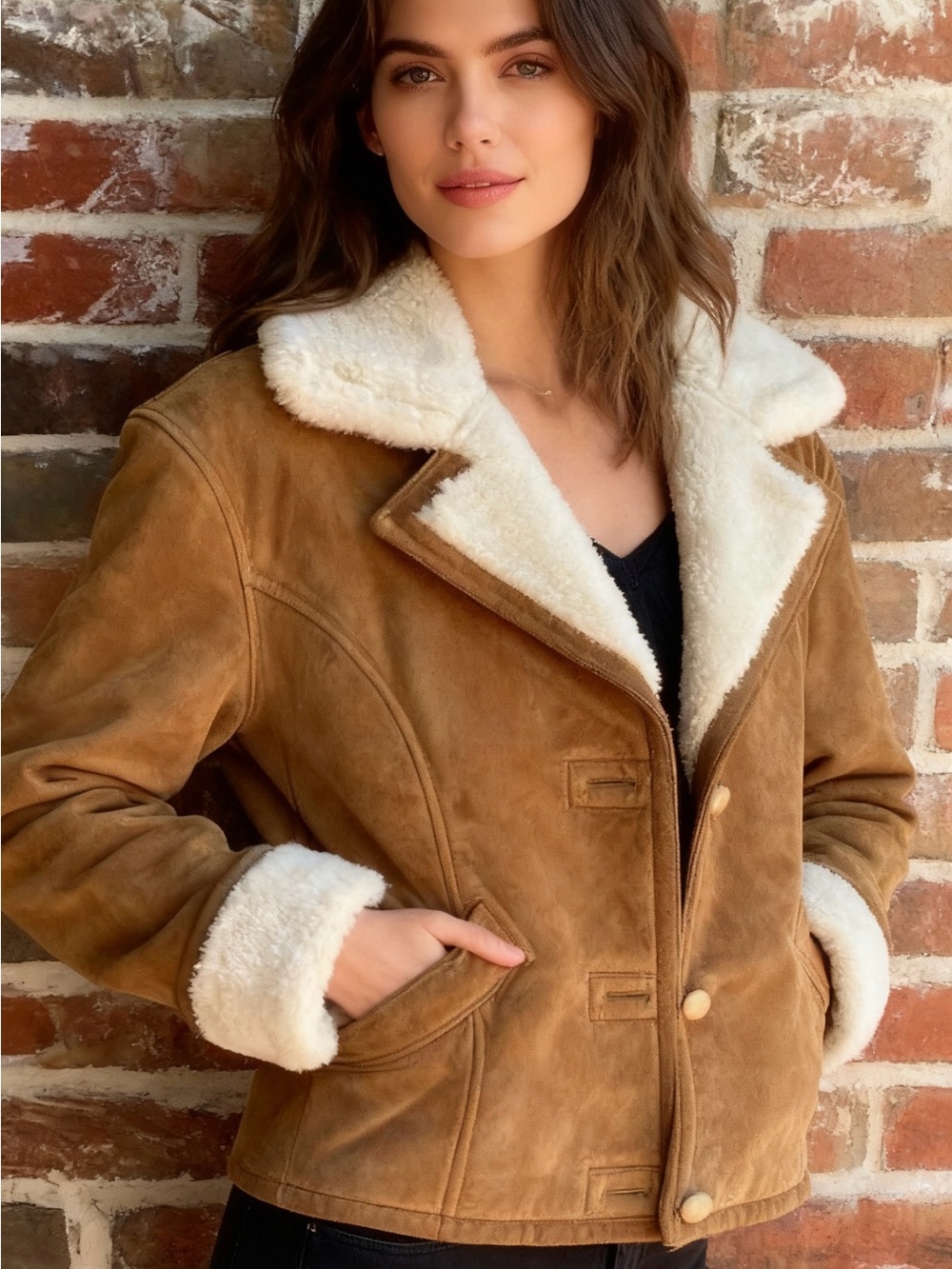 Gallery Camel Suede Shearling-Trim Jacket